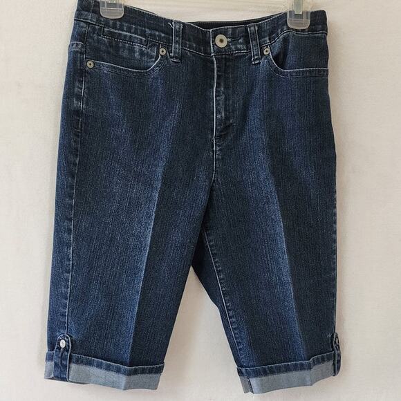 Cj Banks Dark Wash Denim Cuffed 4 pocket design Knee length Shorts Women's Sz 4 - Picture 1 of 10
